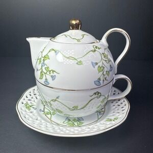 Vintage Teapot Cup Saucer Set White with Green Floral Gold Trim 4 Piece Tea Set